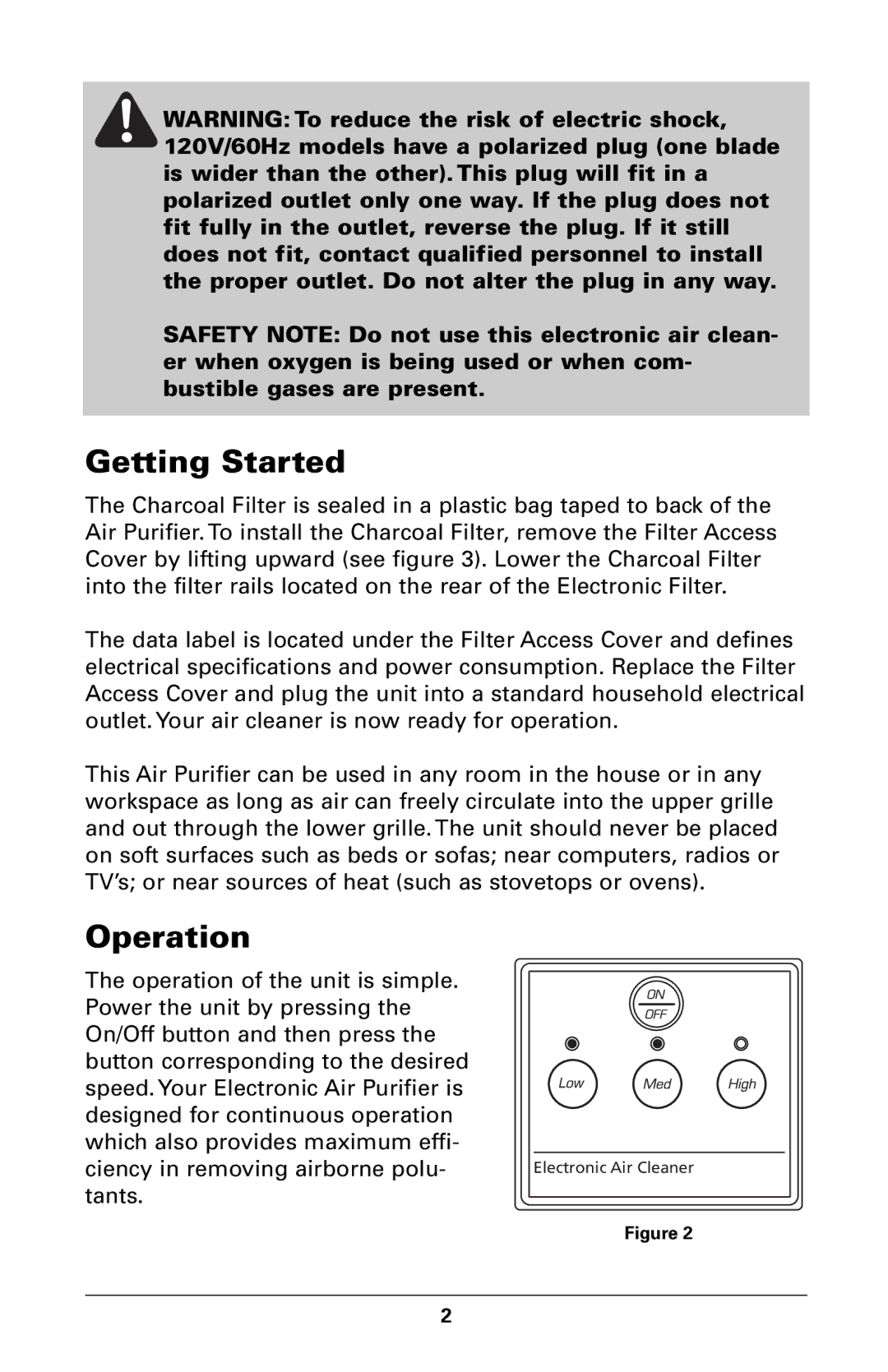 Trion High Efficiency Console Electronic Air Purifier manual Getting Started, Operation 