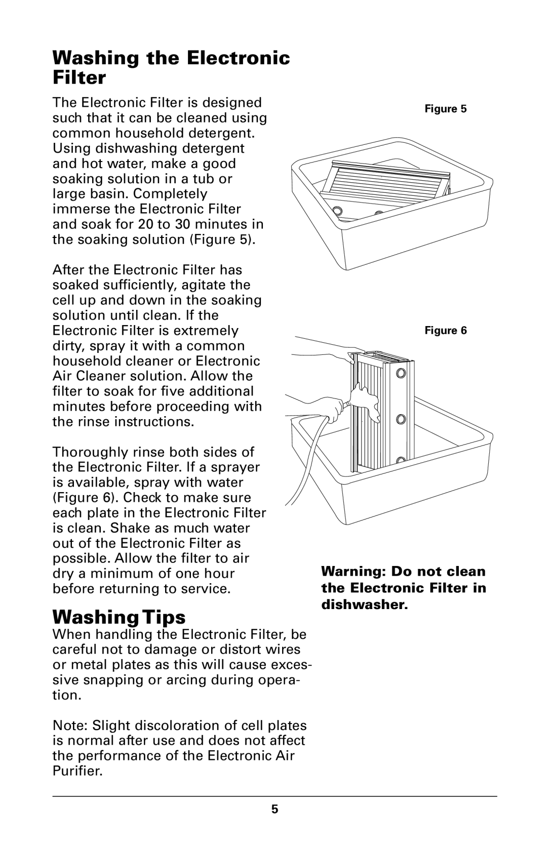 Trion High Efficiency Console Electronic Air Purifier manual Washing the Electronic Filter, Washing Tips 