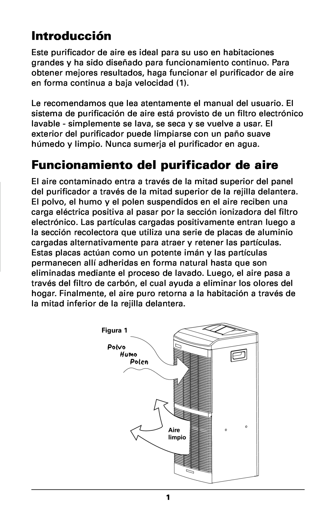 Trion High Efficiency Console Electronic Air Purifier manual Introducción, Funcionamiento del purificador de aire, Figura 