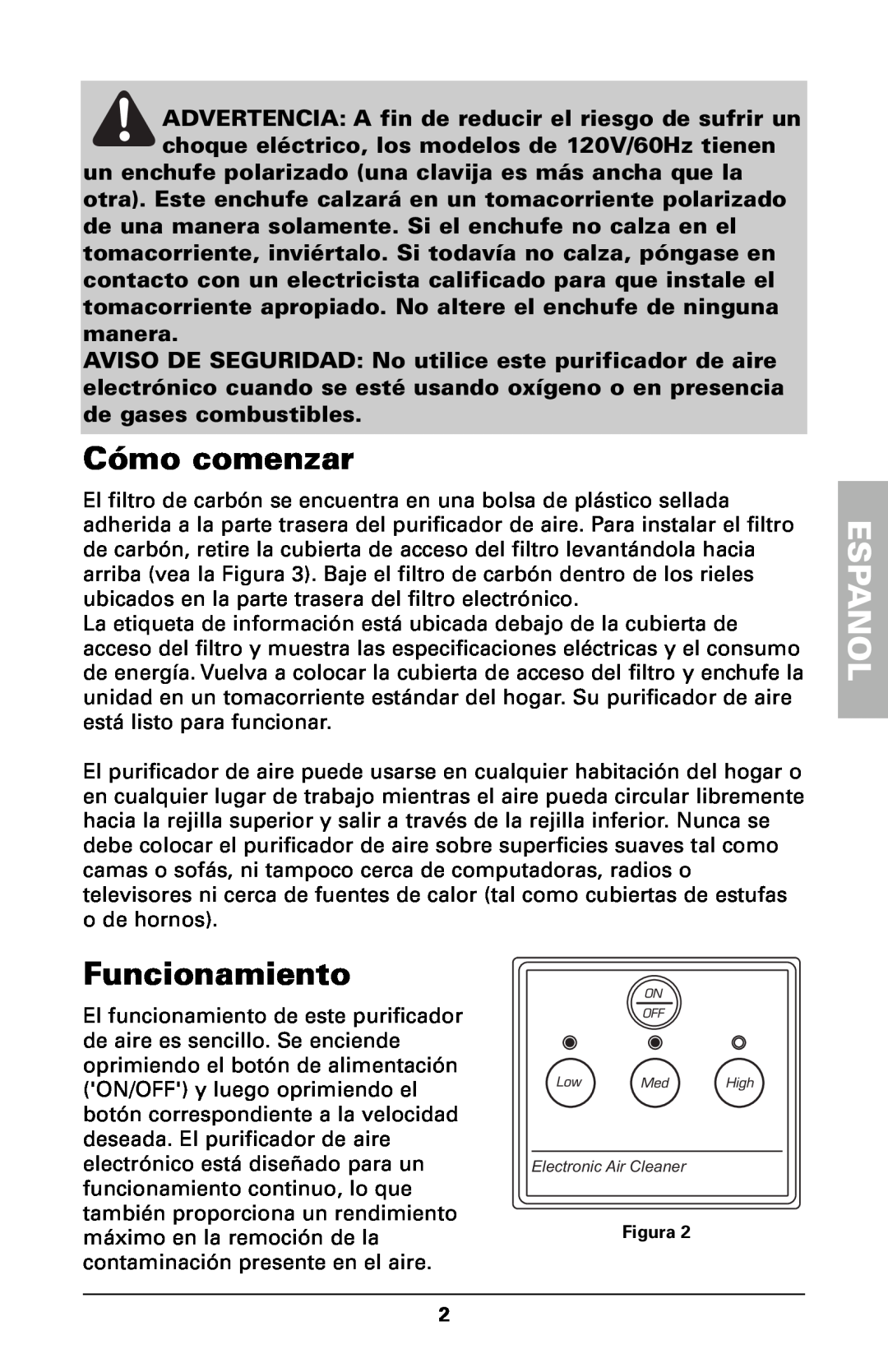 Trion High Efficiency Console Electronic Air Purifier manual Cómo comenzar, Funcionamiento, Espanol 