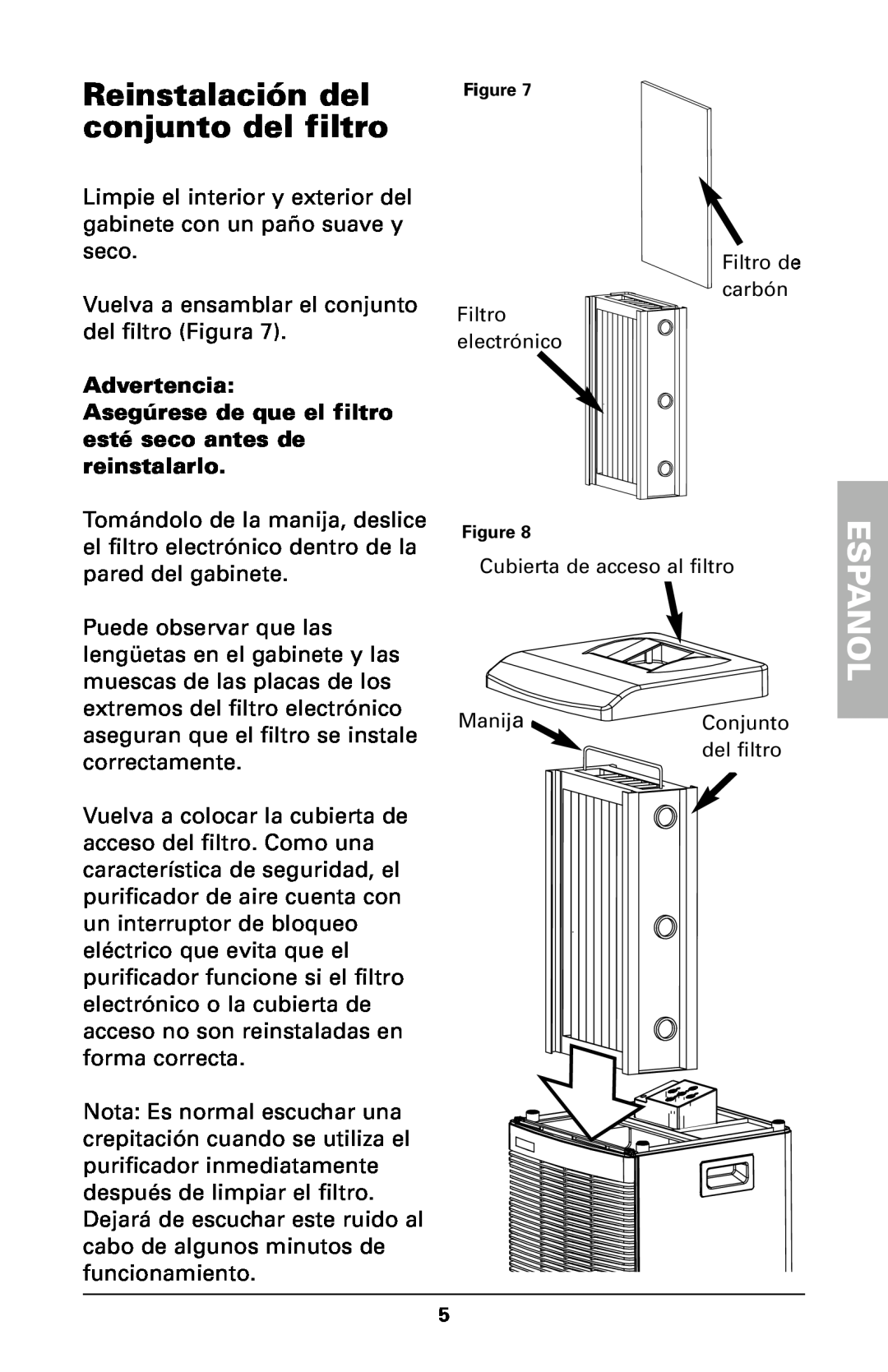 Trion High Efficiency Console Electronic Air Purifier manual Reinstalación del conjunto del filtro, Espanol, Advertencia 