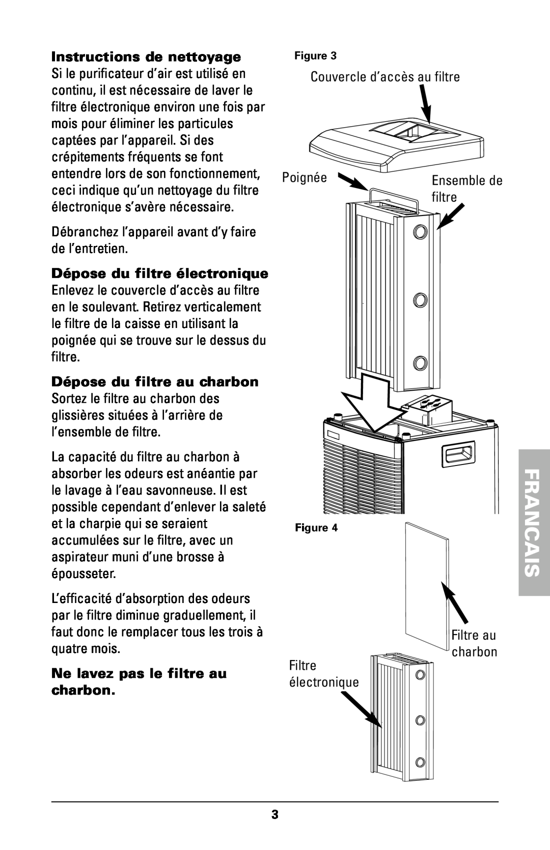Trion High Efficiency Console Electronic Air Purifier manual Francais, Ne lavez pas le filtre au charbon 
