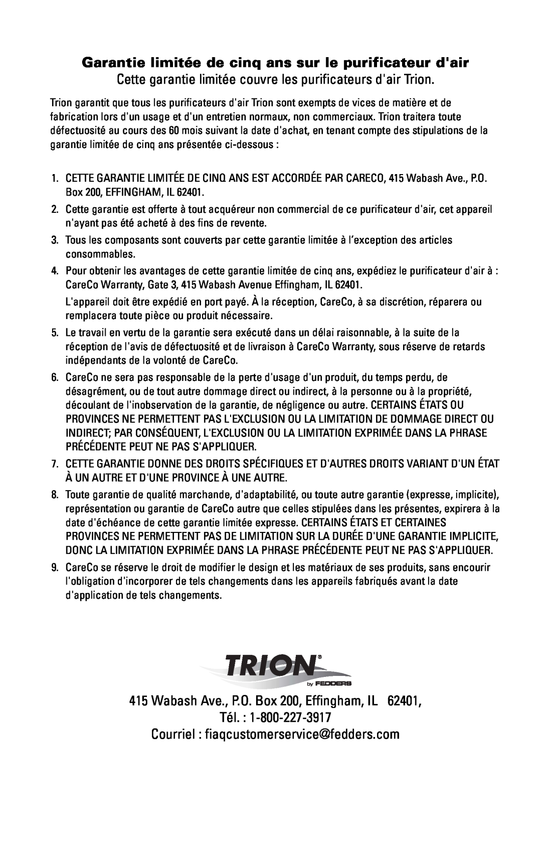 Trion High Efficiency Console Electronic Air Purifier manual Wabash Ave., P.O. Box 200, Effingham, IL 
