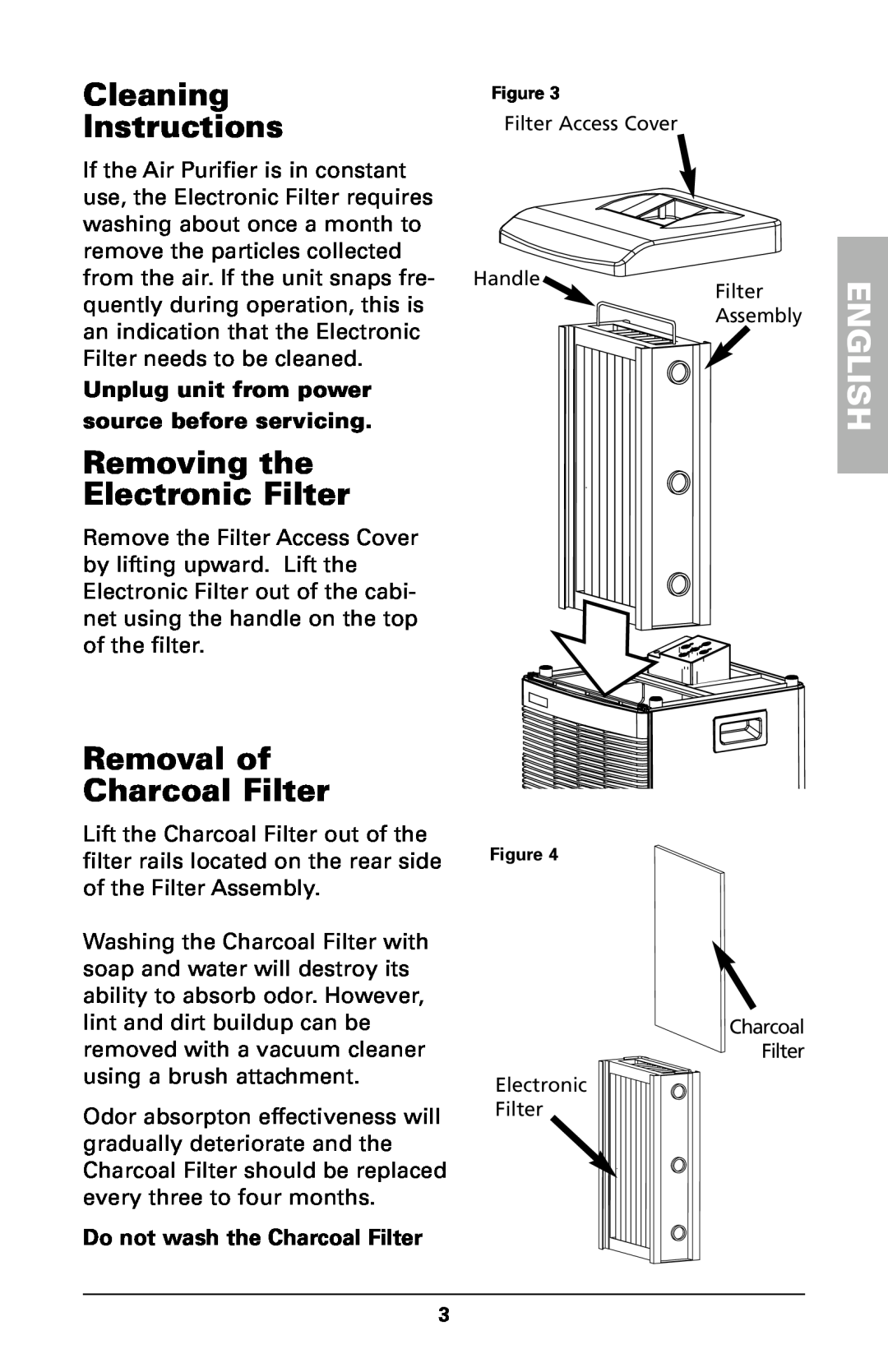 Trion High Efficiency Console Electronic Air Purifier manual Cleaning Instructions, Removing the Electronic Filter, English 