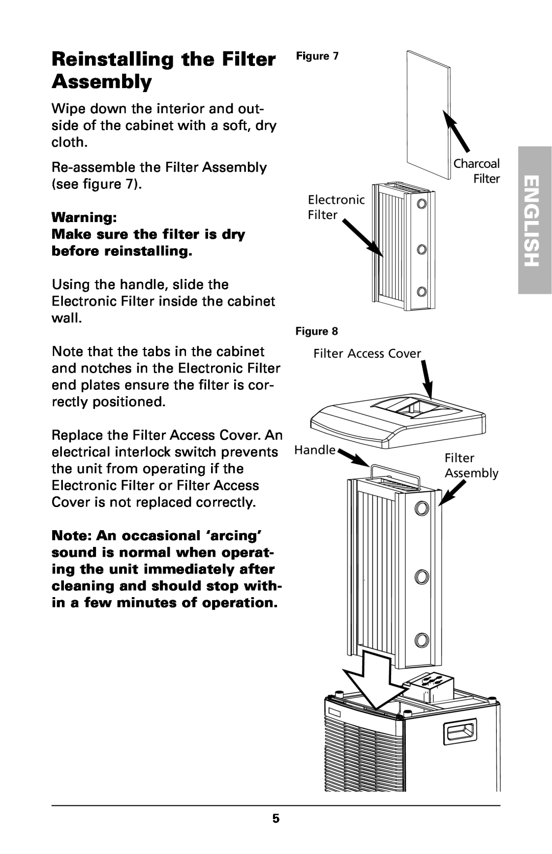 Trion High Efficiency Console Electronic Air Purifier manual Reinstalling the Filter Assembly, English 