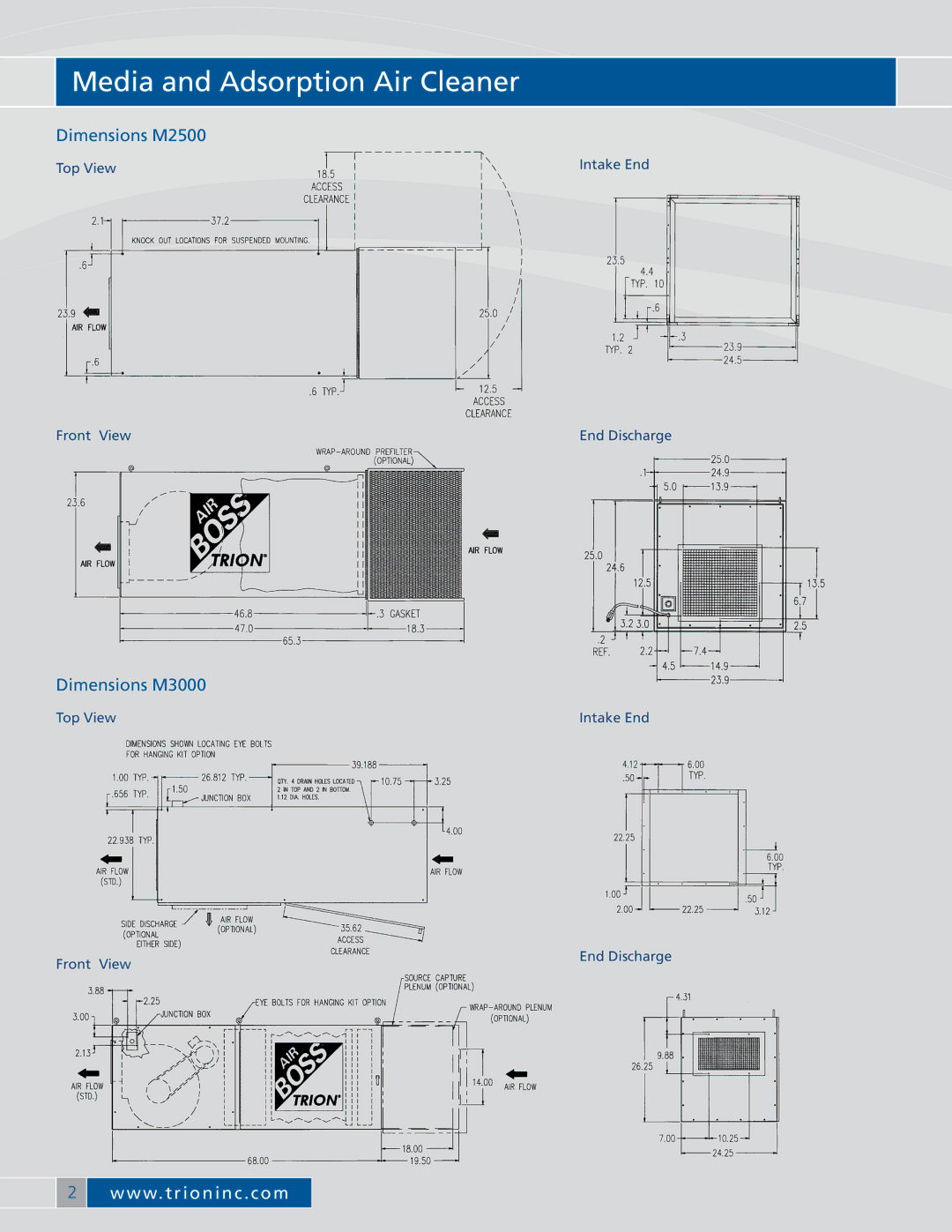 Trion M-Series manual Media and Adsorption Air Cleaner, Dimensions M2500, Dimensions M3000 