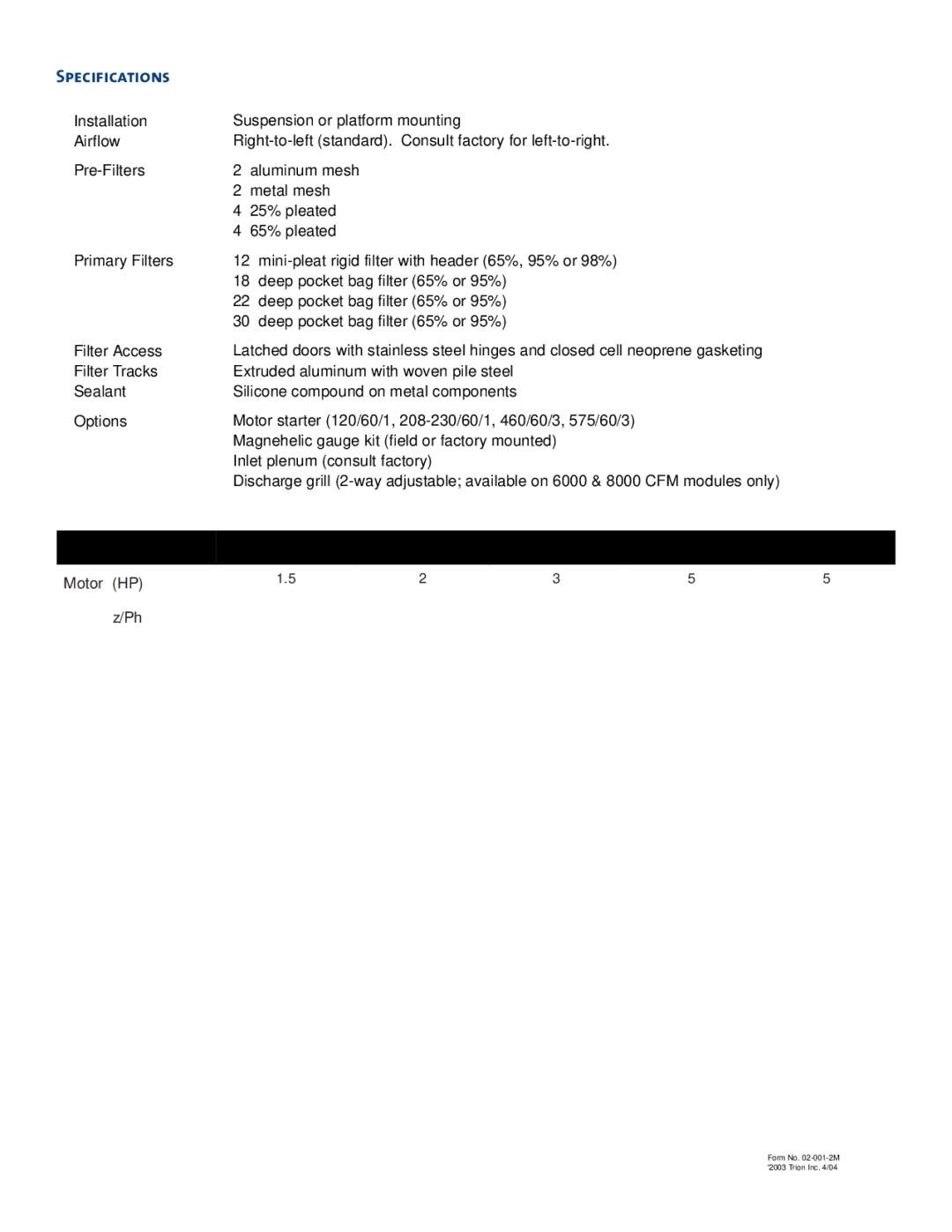 Trion Modular Filterpac Media Air Cleaner manual Specifications, Primary Filters 