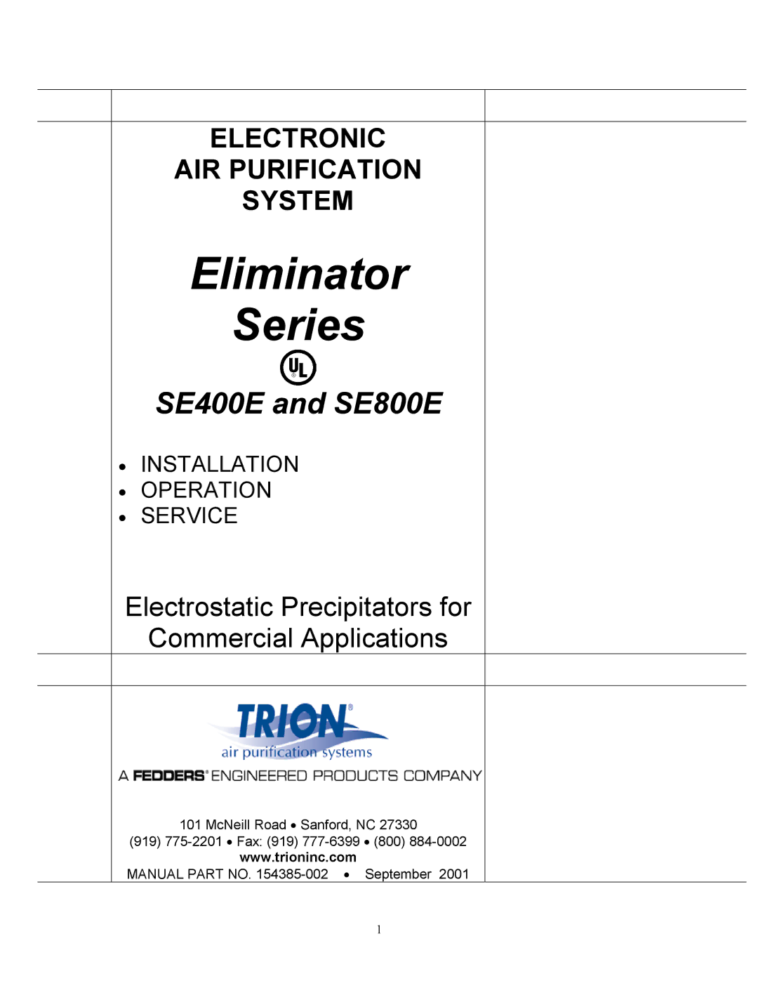 Trion SE400E, SE800E manual Eliminator Series 