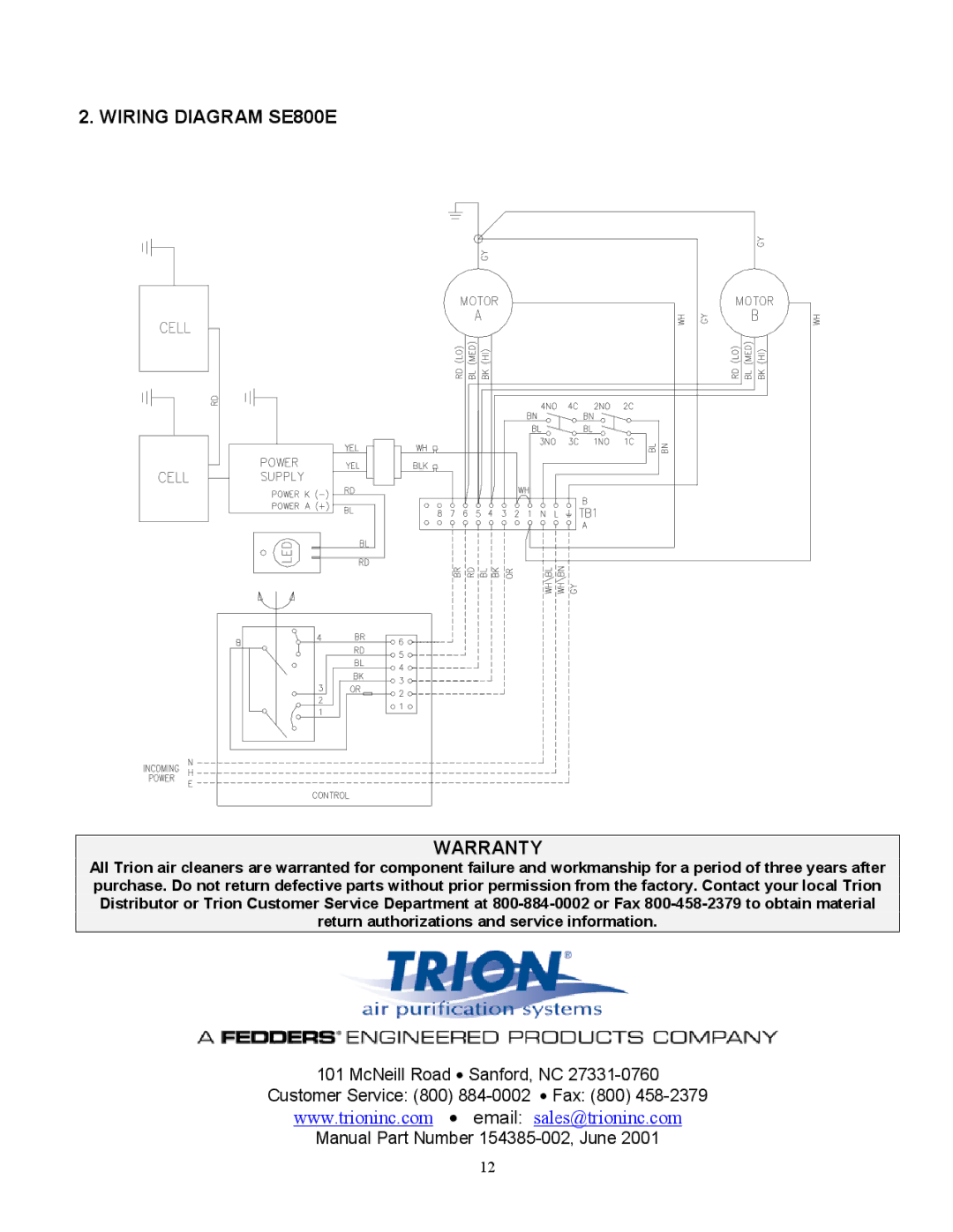 Trion SE400E manual Wiring Diagram SE800E Warranty 