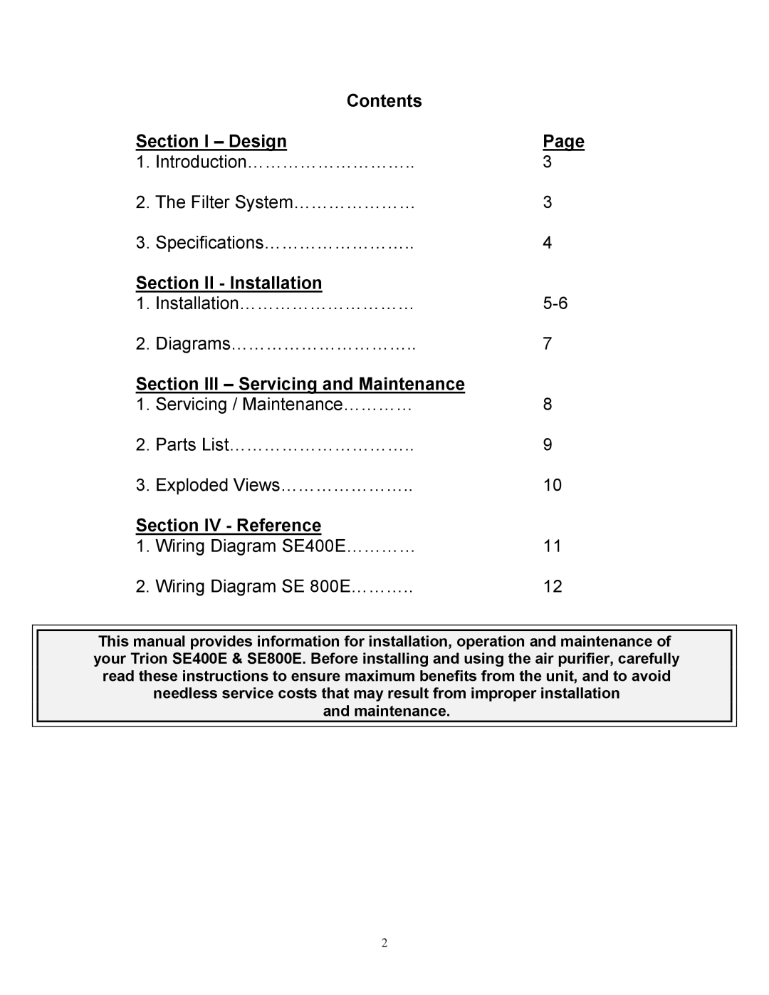 Trion SE800E, SE400E manual Contents Section I Design 