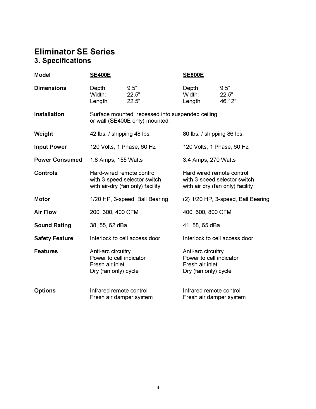 Trion SE800E, SE400E manual Specifications 