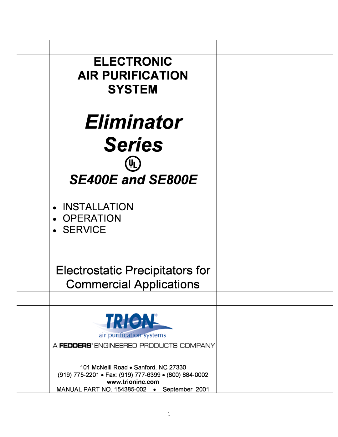 Trion manual Eliminator Series, SE400E and SE800E, Electronic Air Purification System, Electrostatic Precipitators for 