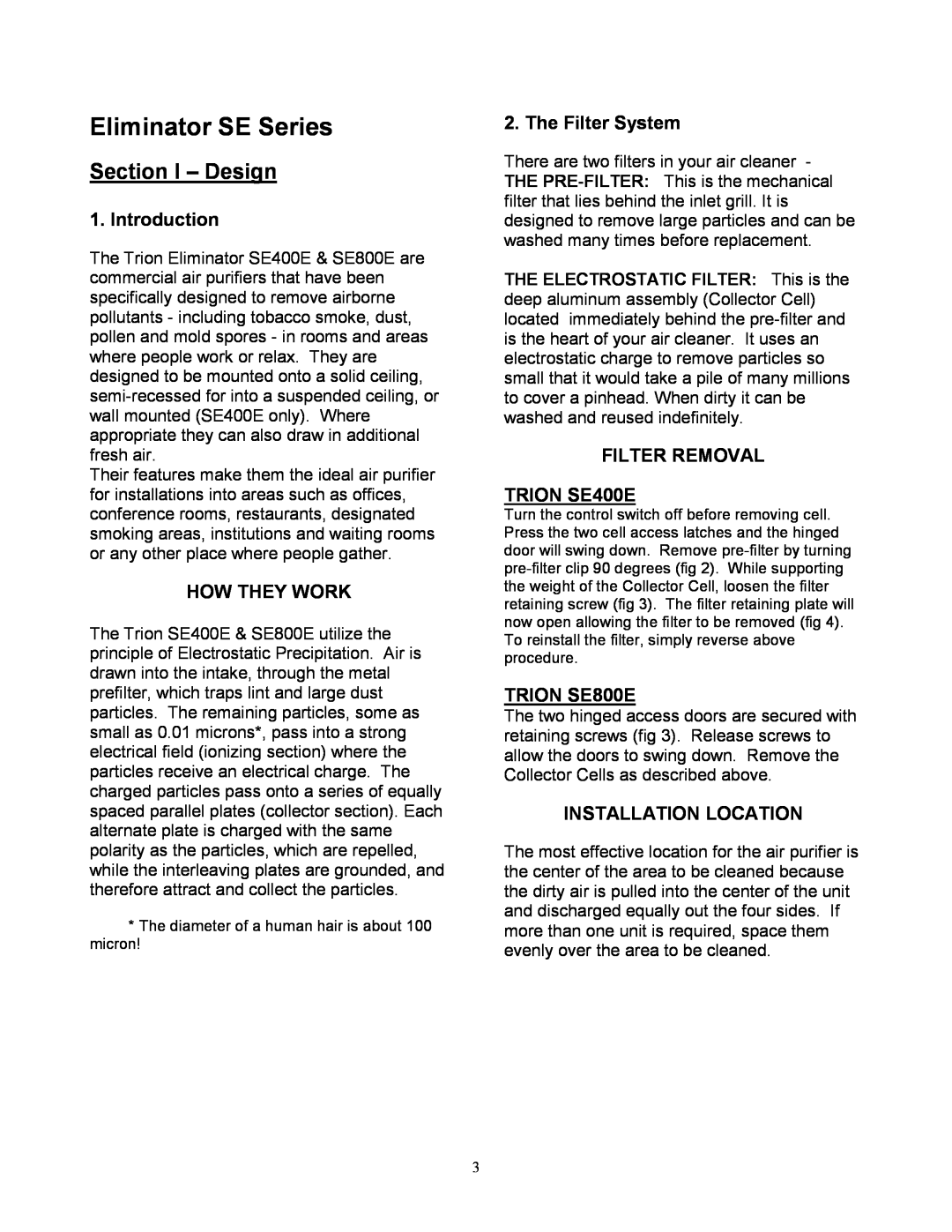 Trion SE400E manual Eliminator SE Series, Section I - Design, Introduction, How They Work, The Filter System, TRION SE800E 