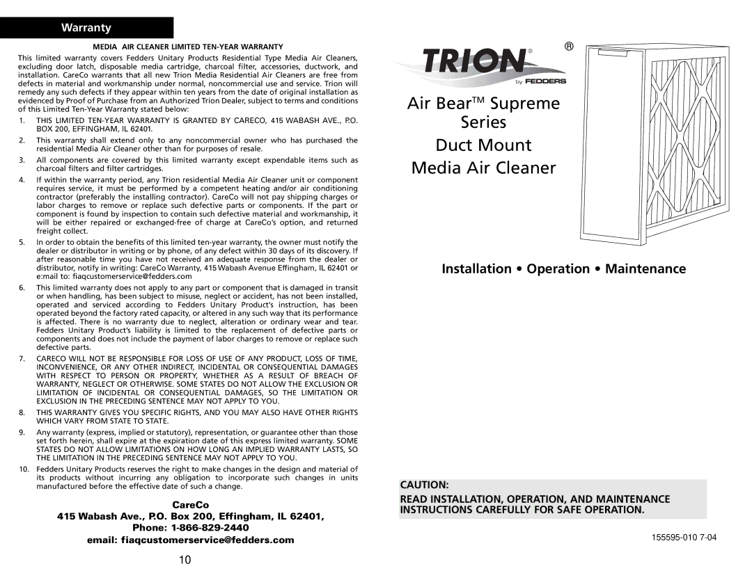 Trion Supreme Series warranty Media AIR Cleaner Limited TEN-YEAR Warranty 