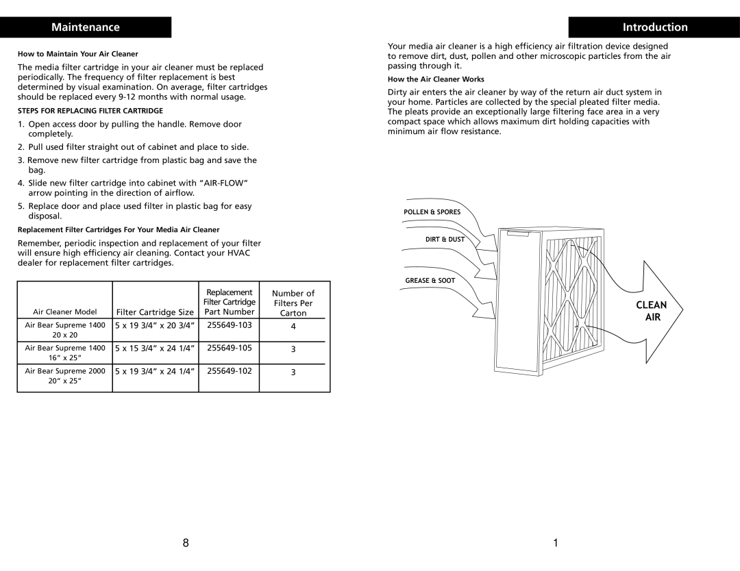 Trion Supreme Series warranty Maintenance, Introduction, Steps for Replacing Filter Cartridge 