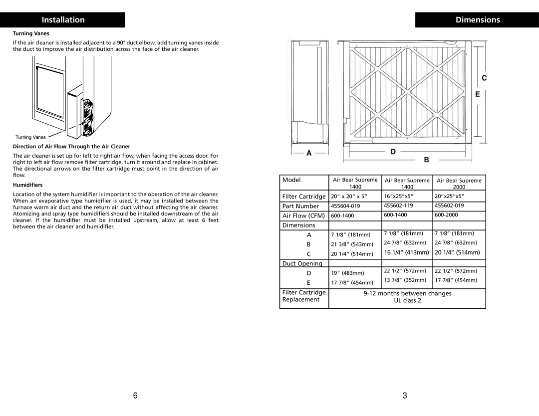 Trion Supreme Series warranty Dimensions, Turning Vanes, Direction of Air Flow Through the Air Cleaner, Humidifiers 