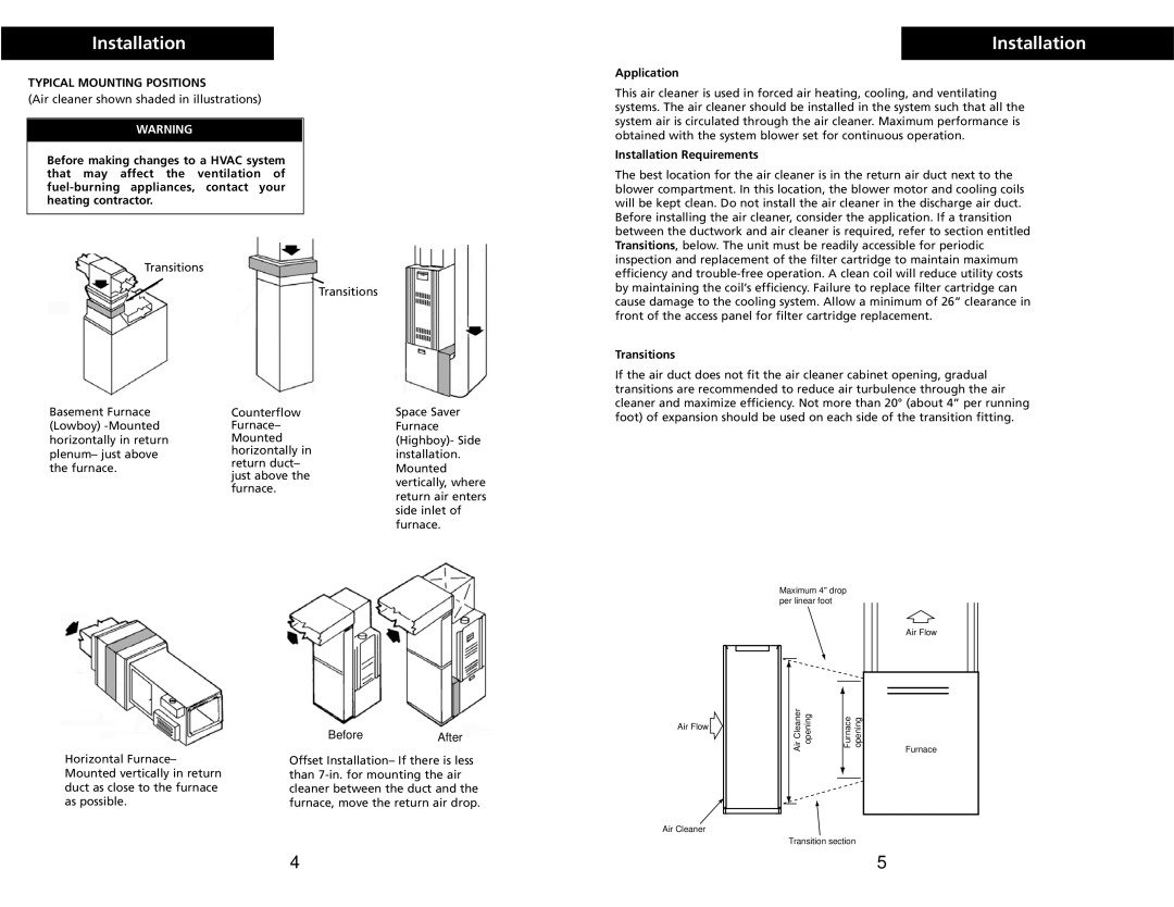 Trion Supreme Series warranty Typical Mounting Positions, Application, Installation Requirements, Transitions 