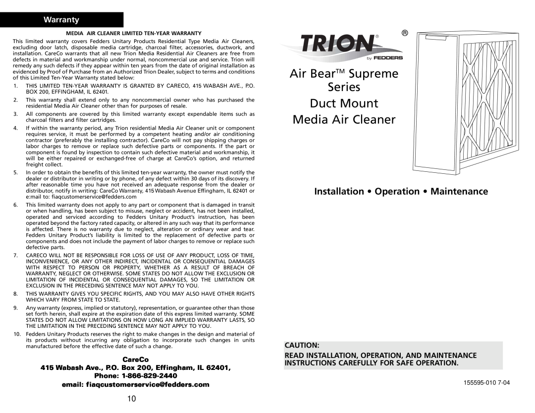 Trion Supreme Series warranty Warranty, CareCo, Wabash Ave., P.O. Box 200, Effingham, IL, Media Air Cleaner 