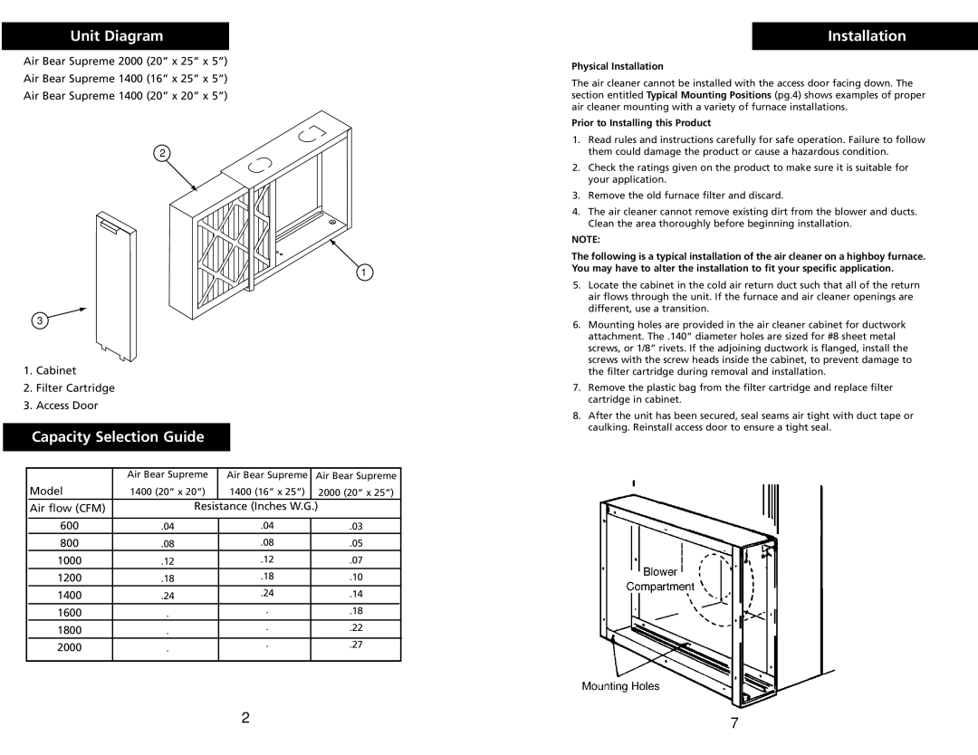 Trion Supreme Series Unit Diagram, Capacity Selection Guide, Physical Installation, Prior to Installing this Product 