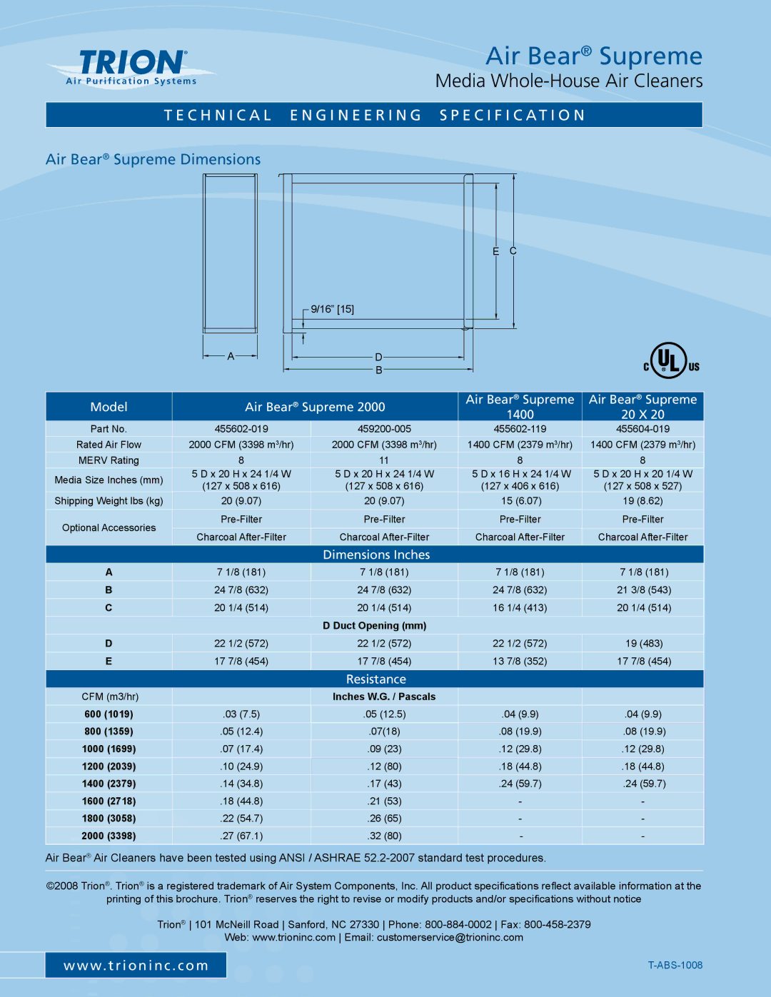 Trion T-ABS-1008 warranty Air Bear Supreme Dimensions, Model Air Bear Supreme 1400 20 X, Dimensions Inches, Resistance 