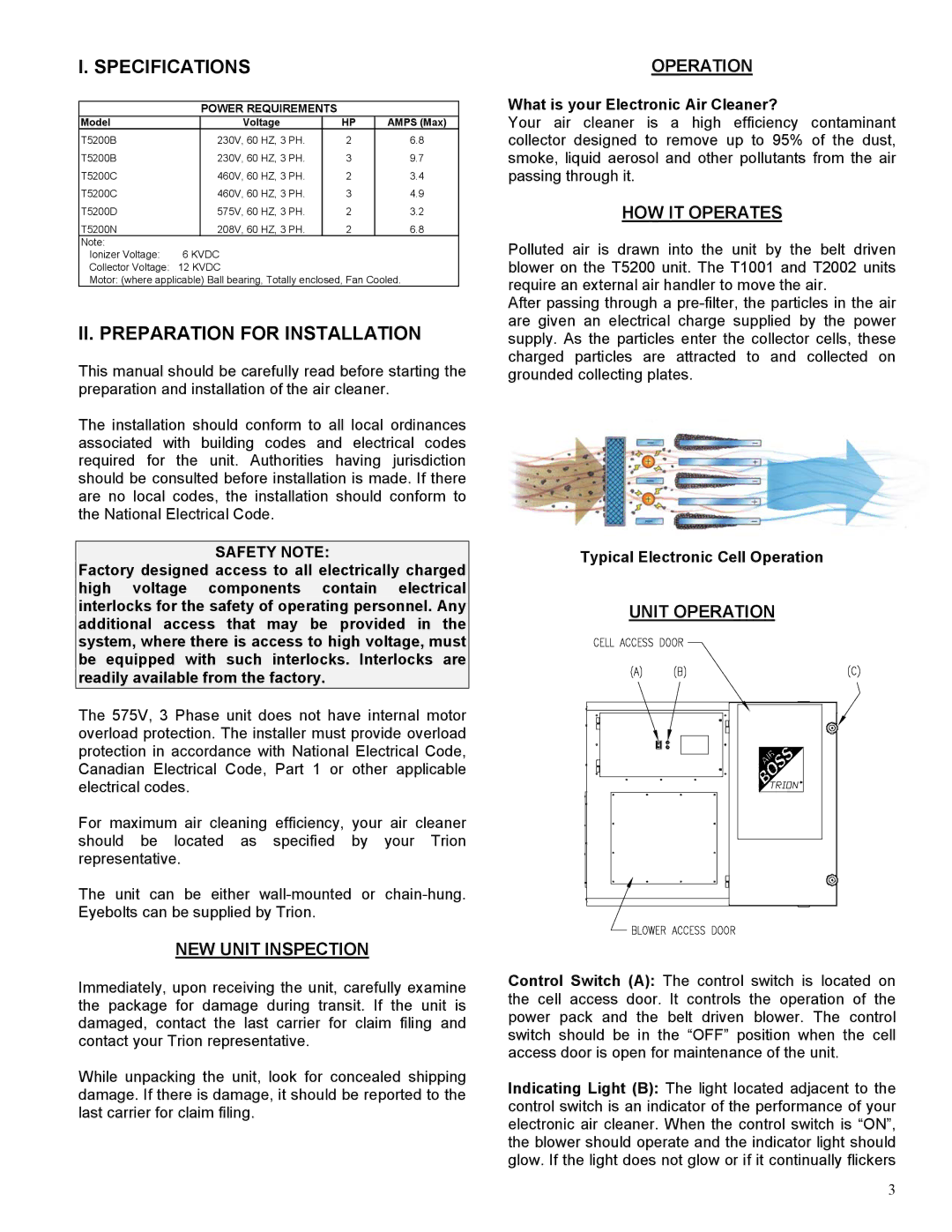 Trion T5200 manual Specifications, II. Preparation for Installation 