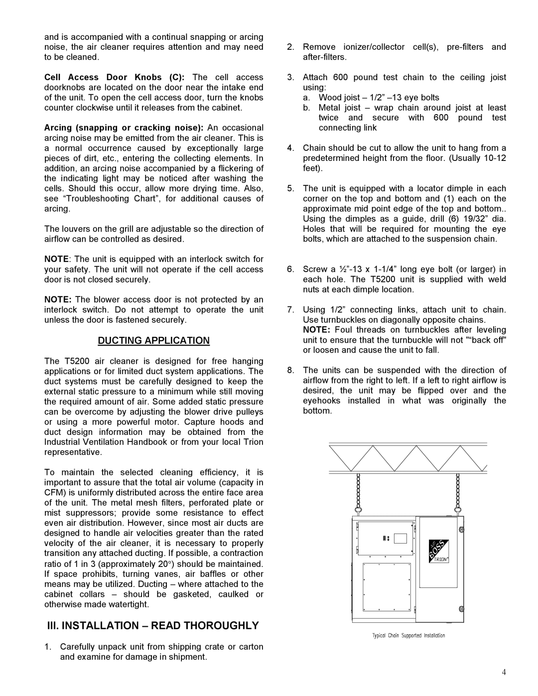 Trion T5200 manual III. Installation Read Thoroughly, Ducting Application 