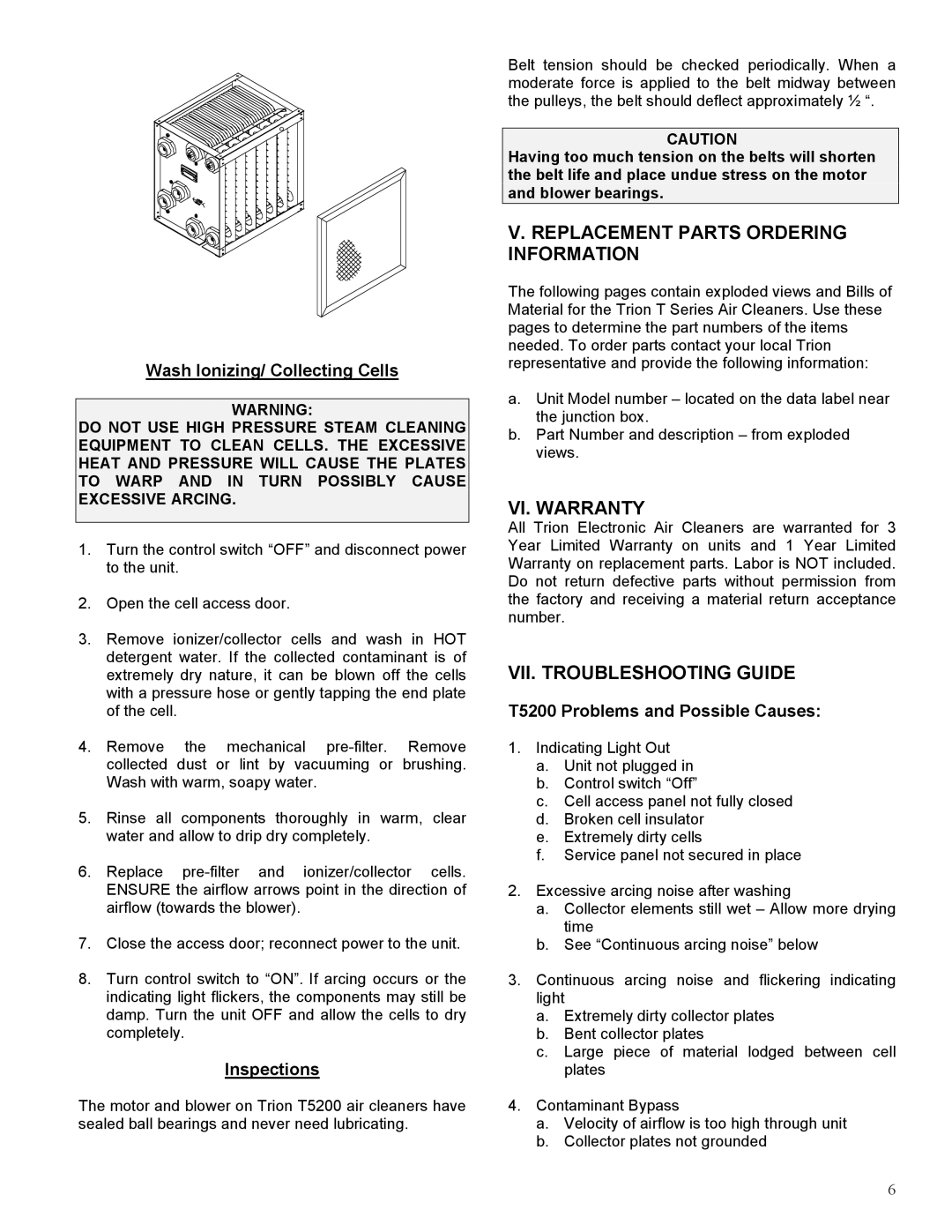 Trion T5200 manual Replacement Parts Ordering Information, VI. Warranty, VII. Troubleshooting Guide 