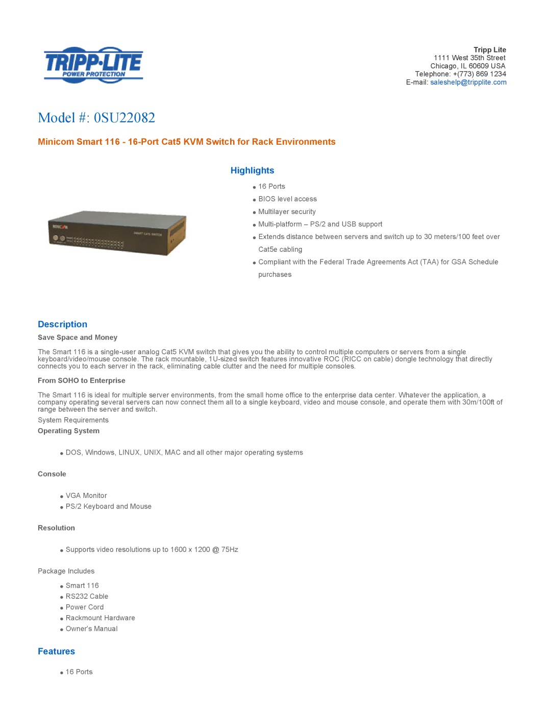 Tripp Lite 0SU22082 owner manual Highlights, Description, Features 