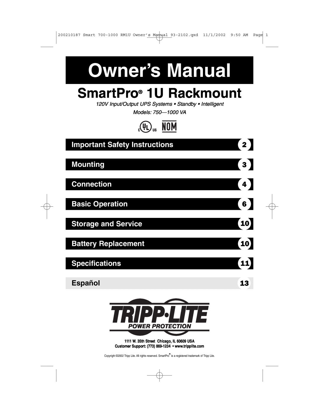 Tripp Lite 1000 VA owner manual Important Safety Instructions, Mounting, Connection, Basic Operation, Storage and Service 