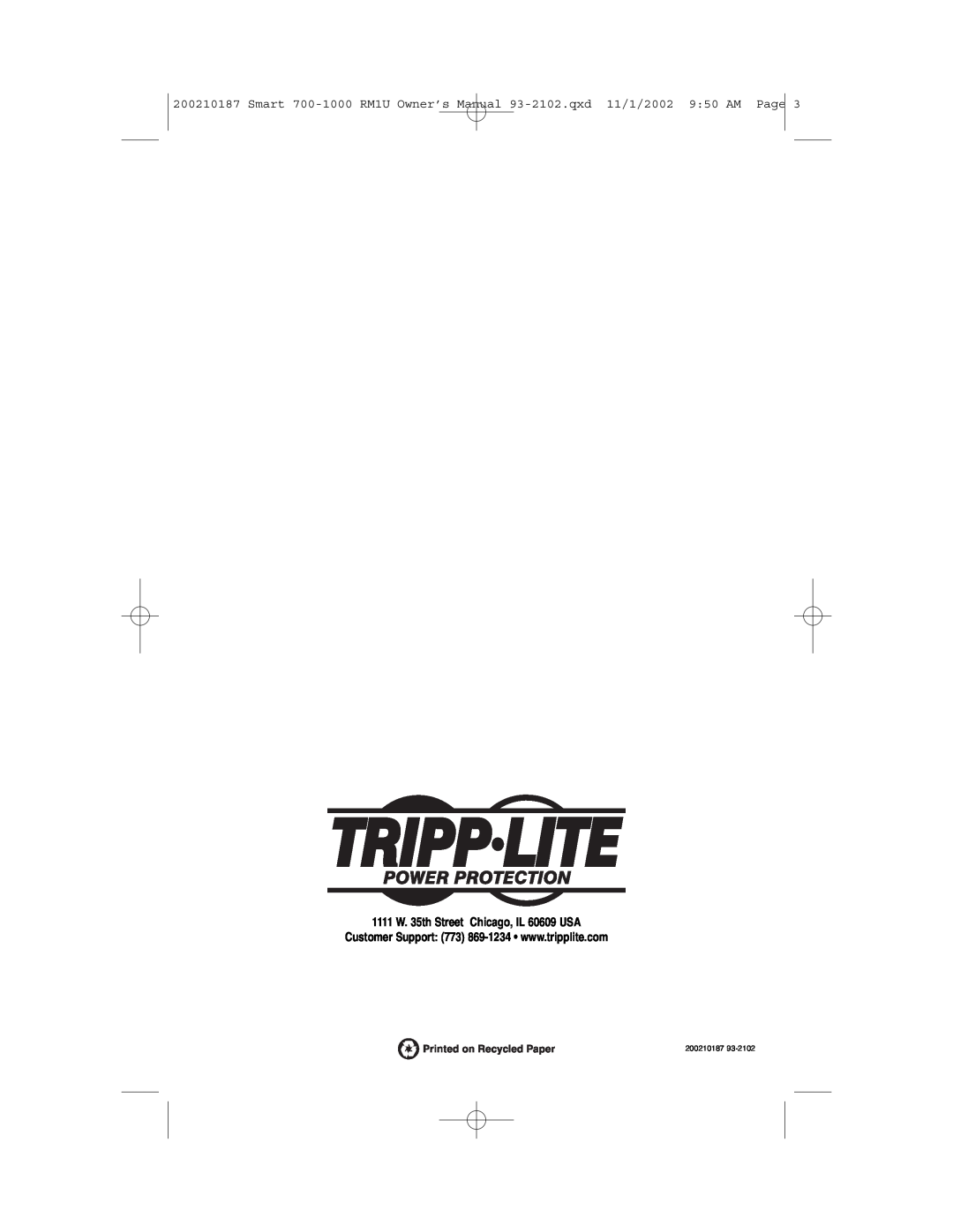 Tripp Lite 1000 VA owner manual 1111 W. 35th Street Chicago, IL 60609 USA, 200210187 