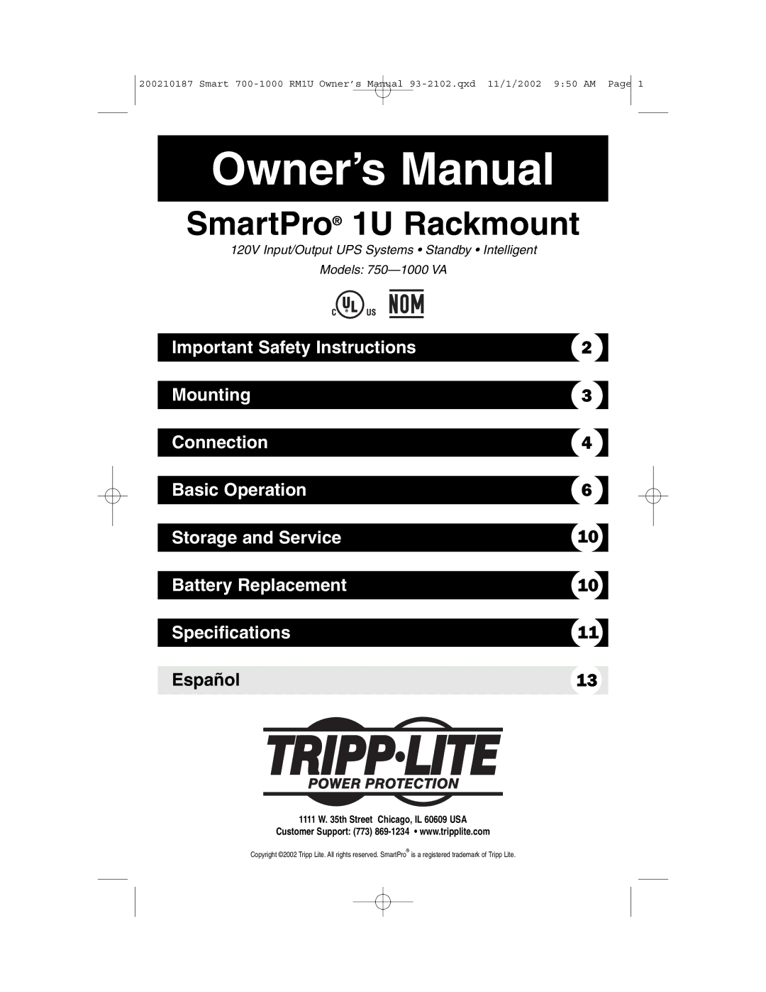 Tripp Lite 1000 VA owner manual SmartPro 1U Rackmount 