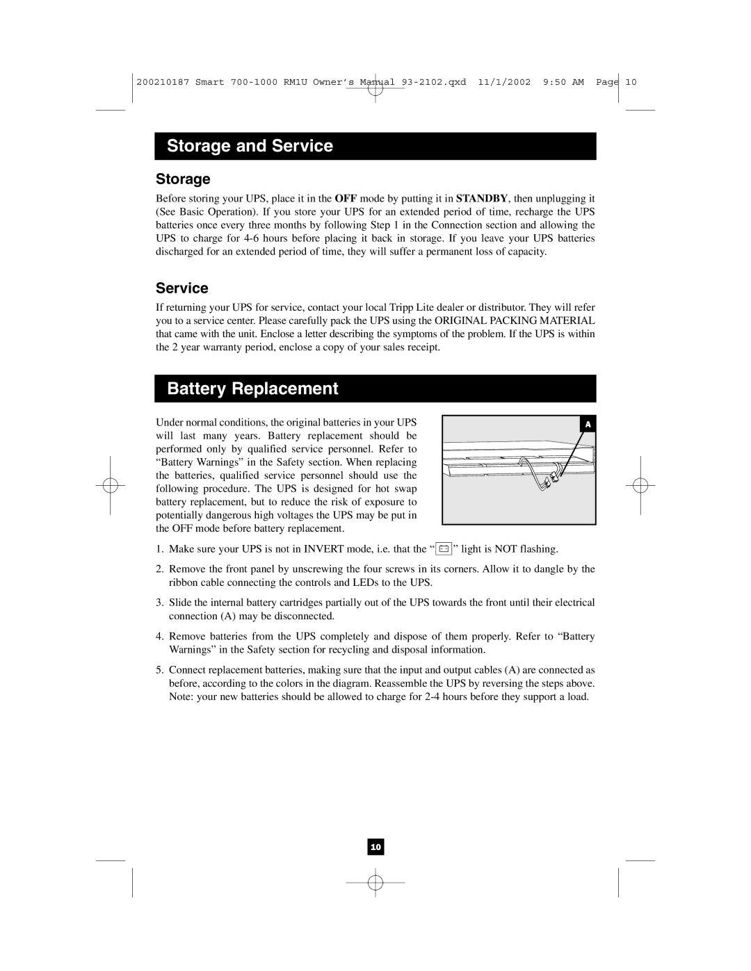 Tripp Lite 1000 VA owner manual Storage, Service 