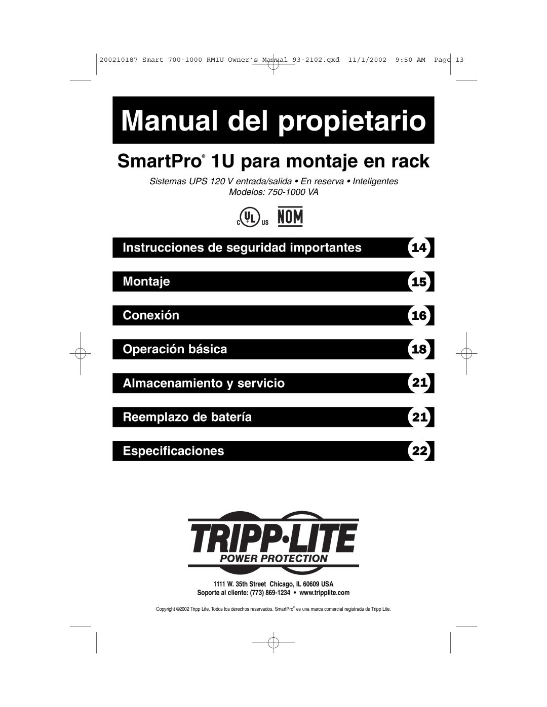 Tripp Lite 1000 VA owner manual Manual del propietario 