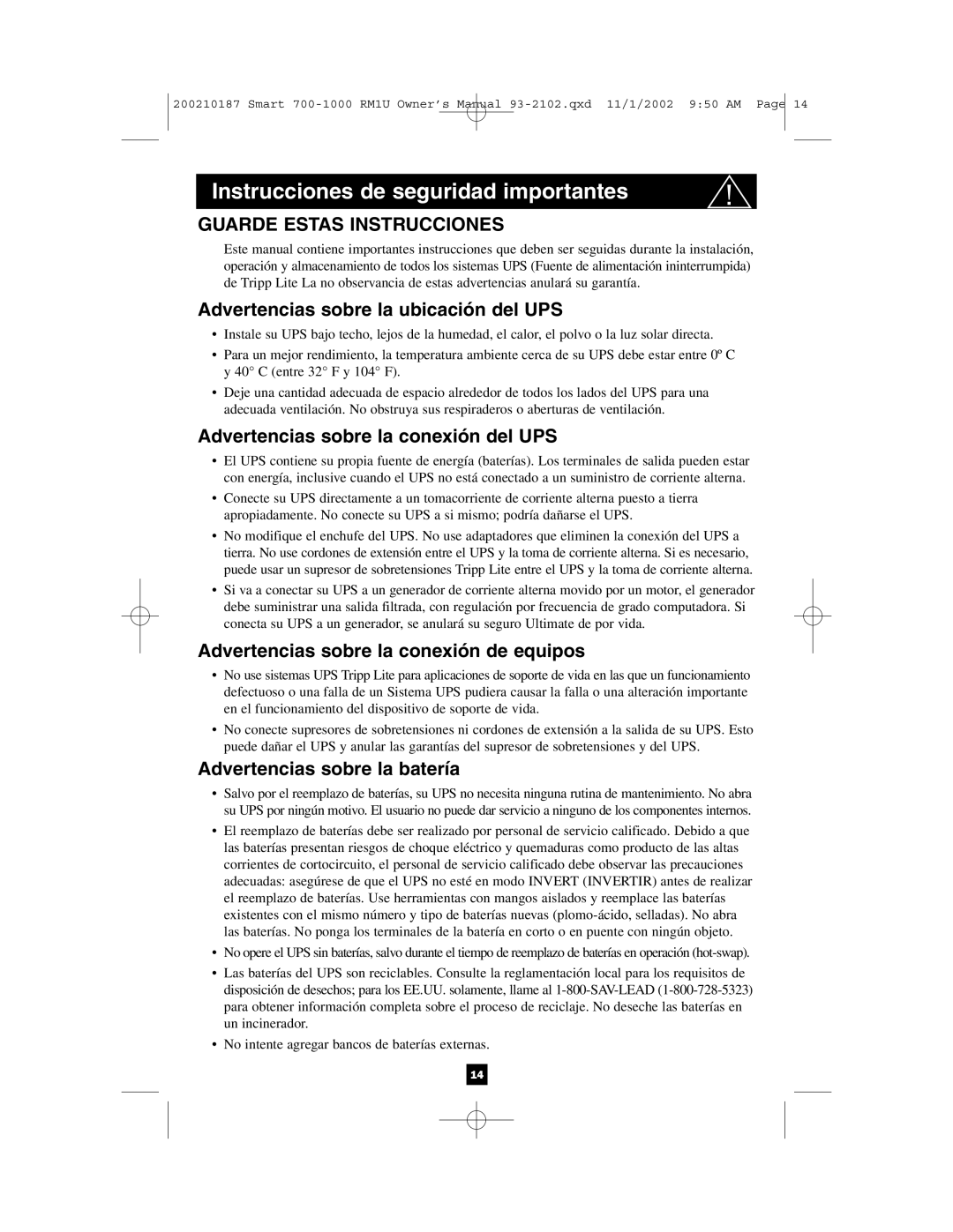 Tripp Lite 1000 VA owner manual Instrucciones de seguridad importantes, Advertencias sobre la ubicación del UPS 