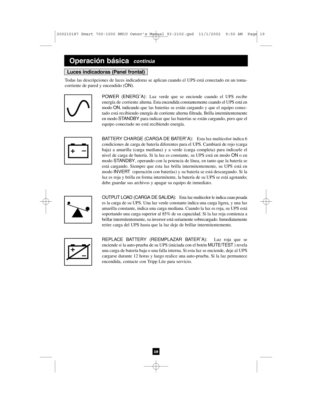 Tripp Lite 1000 VA owner manual Operación básica continúa, Luces indicadoras Panel frontal 