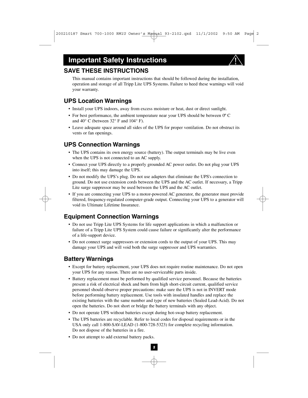 Tripp Lite 1000 VA Important Safety Instructions, UPS Location Warnings, UPS Connection Warnings, Battery Warnings 