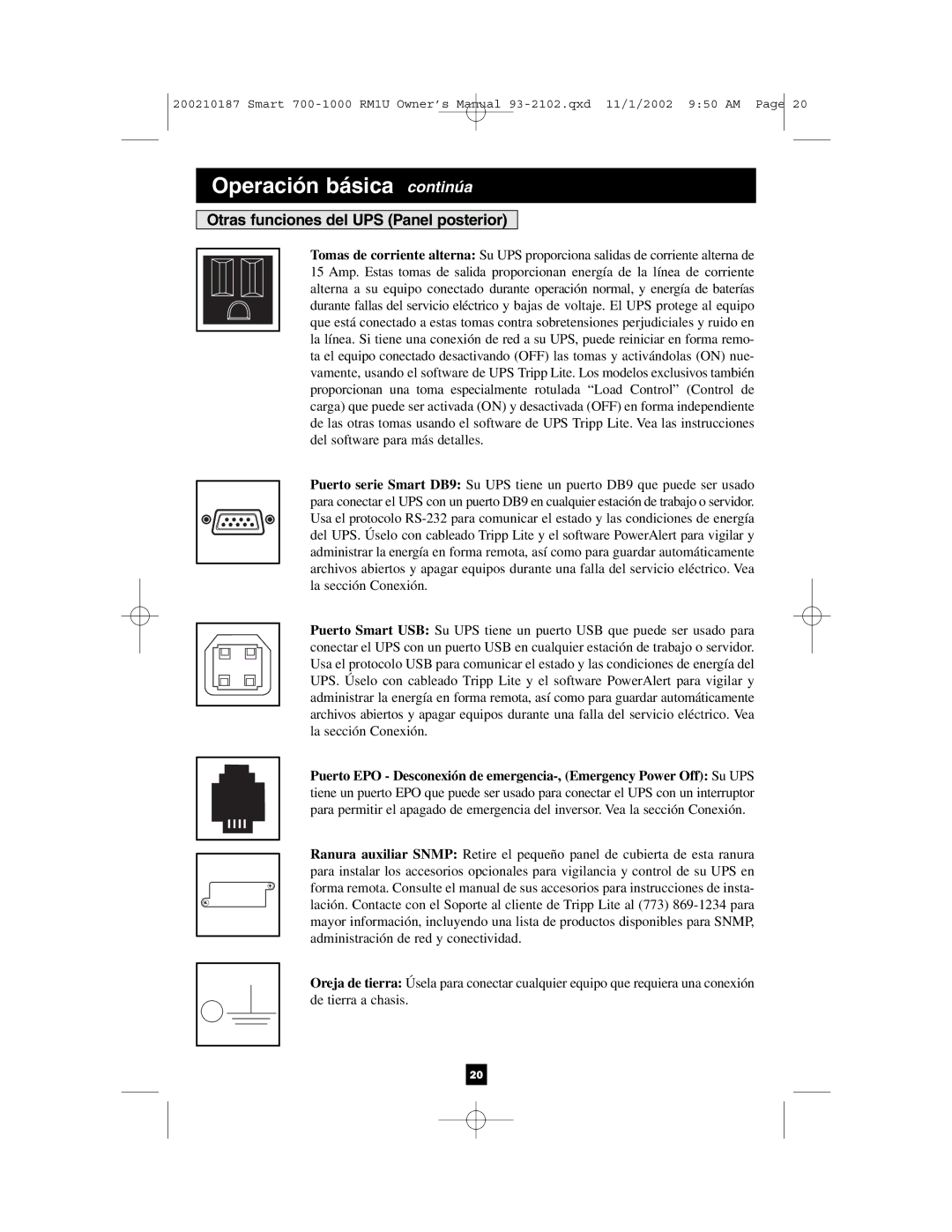 Tripp Lite 1000 VA owner manual Otras funciones del UPS Panel posterior 