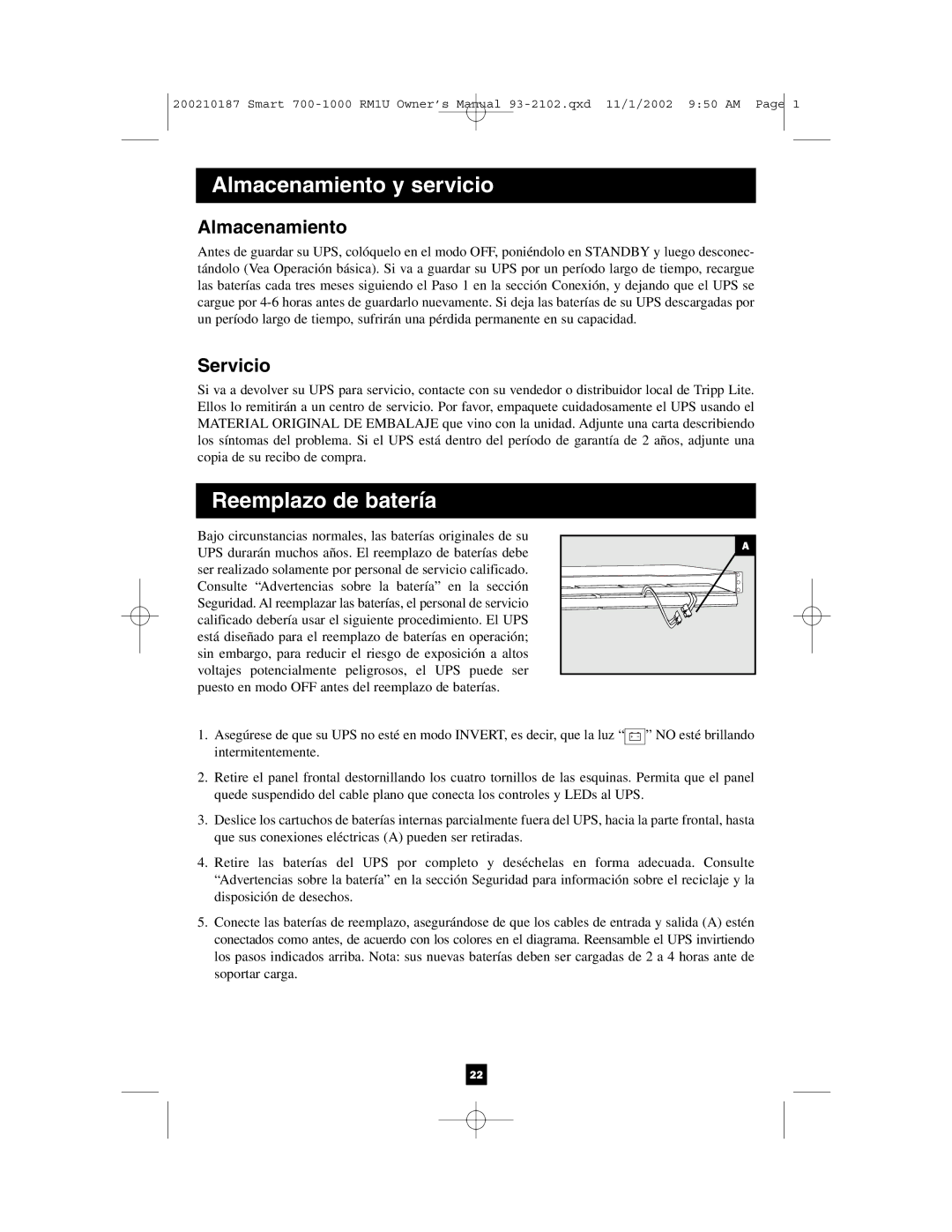 Tripp Lite 1000 VA owner manual Almacenamiento, Servicio 