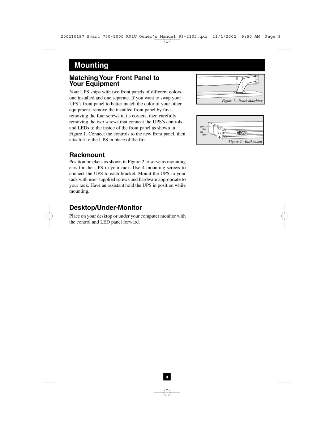 Tripp Lite 1000 VA owner manual Matching Your Front Panel to Your Equipment, Rackmount, Desktop/Under-Monitor 