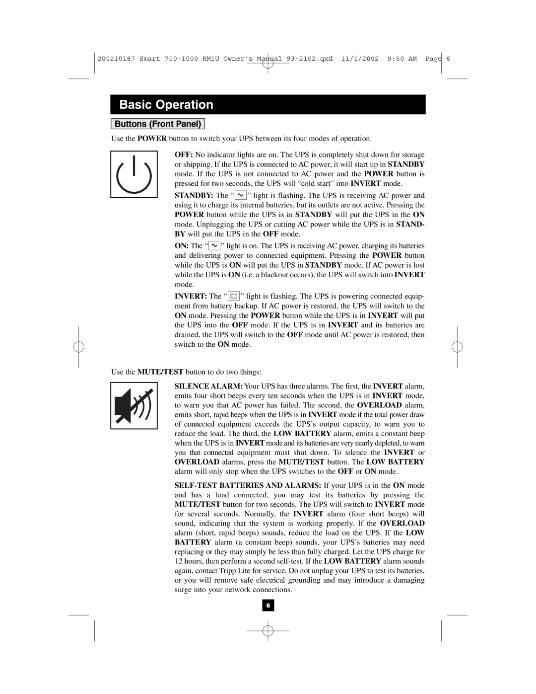 Tripp Lite 1000 VA owner manual Basic Operation, Buttons Front Panel 