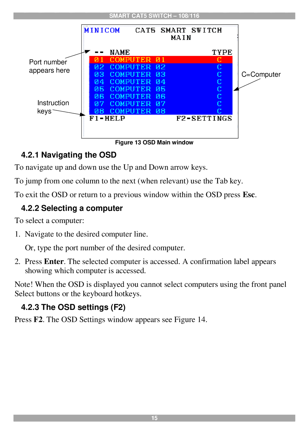 Tripp Lite 108, 116 manual Navigating the OSD, Selecting a computer, OSD settings F2 