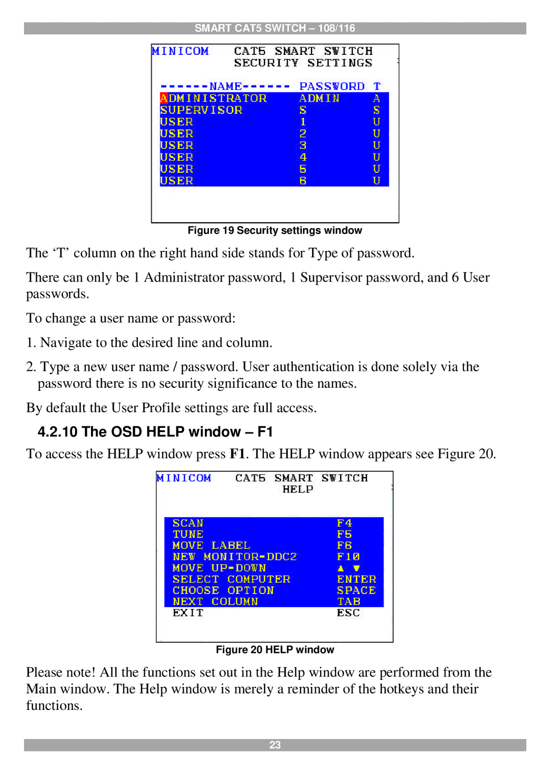 Tripp Lite 108, 116 manual OSD Help window F1, Security settings window 