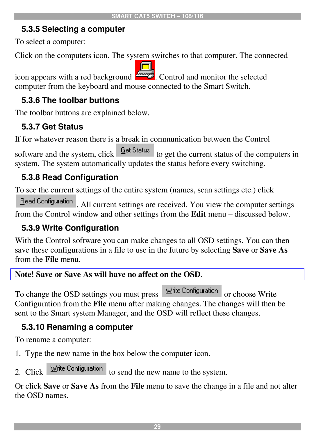 Tripp Lite 108, 116 manual Toolbar buttons, Get Status, Read Configuration, Write Configuration, Renaming a computer 