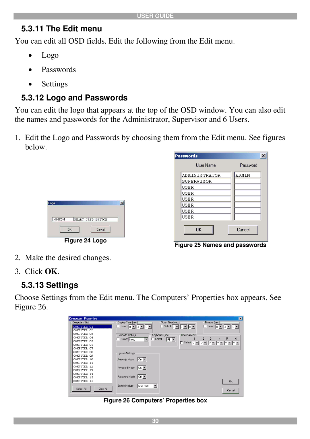 Tripp Lite 116, 108 manual Edit menu, Logo and Passwords, Settings 