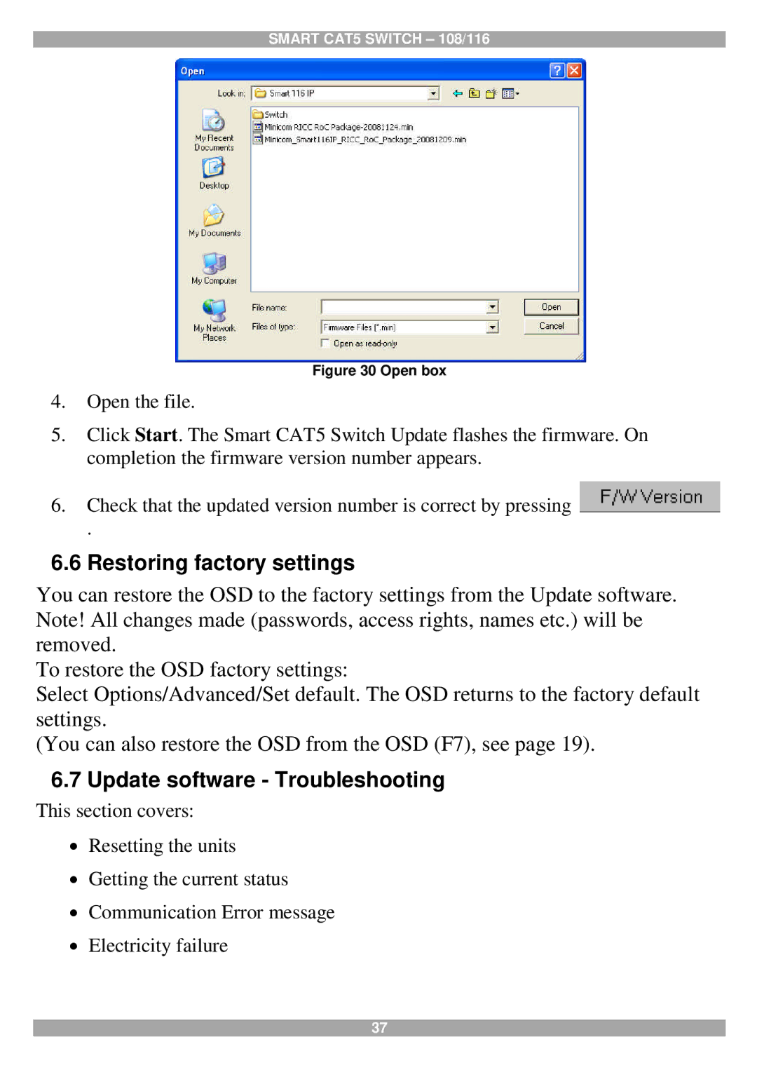 Tripp Lite 108, 116 manual Restoring factory settings, Update software Troubleshooting 