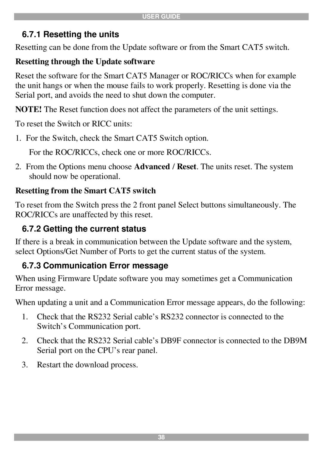 Tripp Lite 116, 108 manual Resetting the units, Getting the current status, Communication Error message 