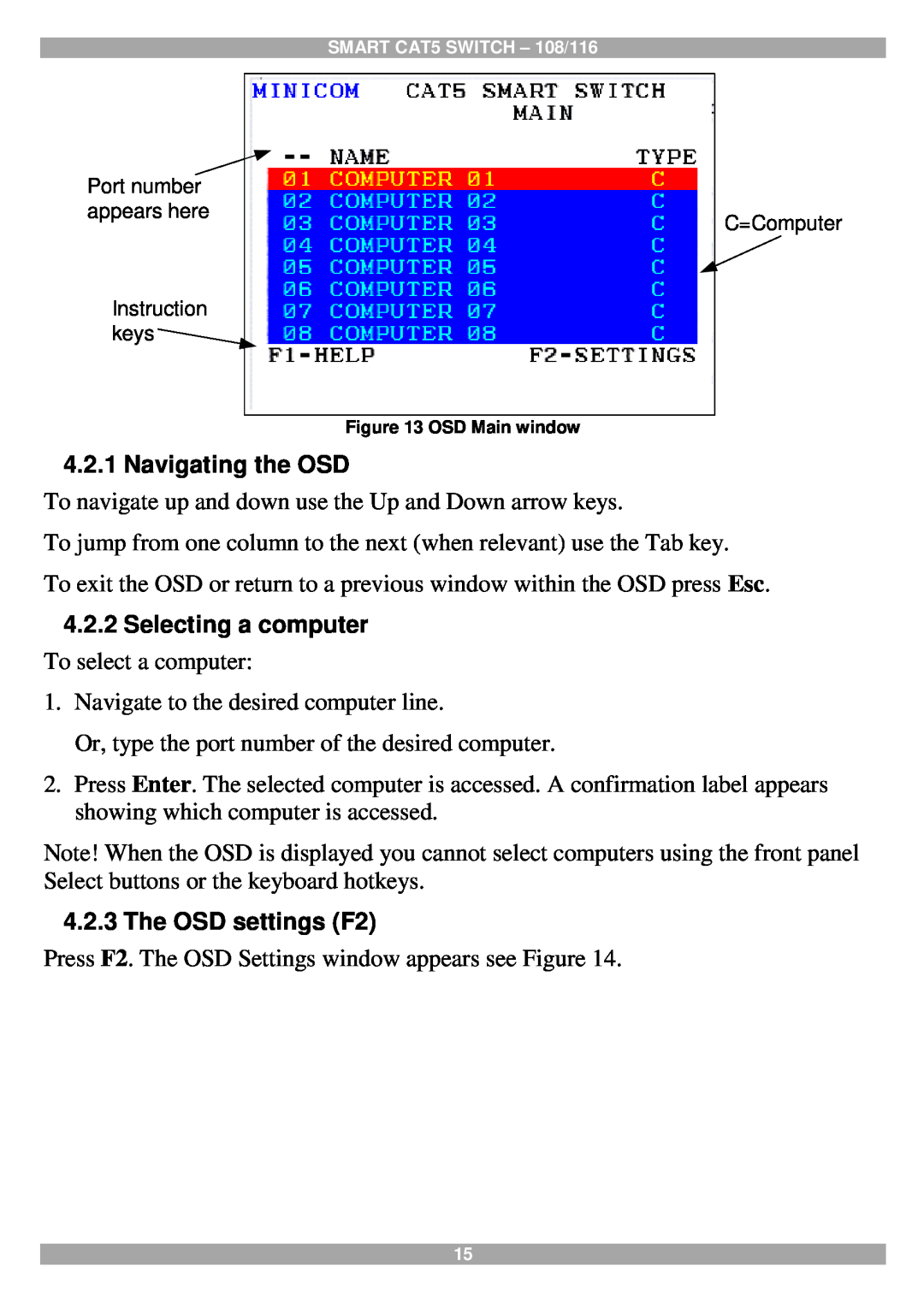 Tripp Lite 108, 116 manual Navigating the OSD, Selecting a computer, The OSD settings F2 