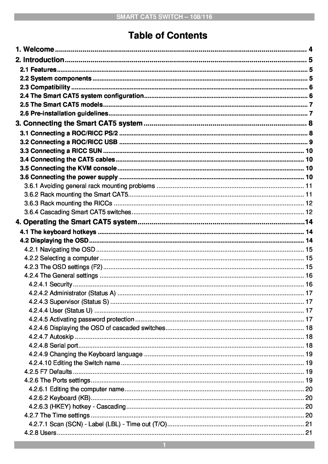 Tripp Lite manual Table of Contents, SMART CAT5 SWITCH - 108/116, Features, Connecting a RICC SUN, Displaying the OSD 