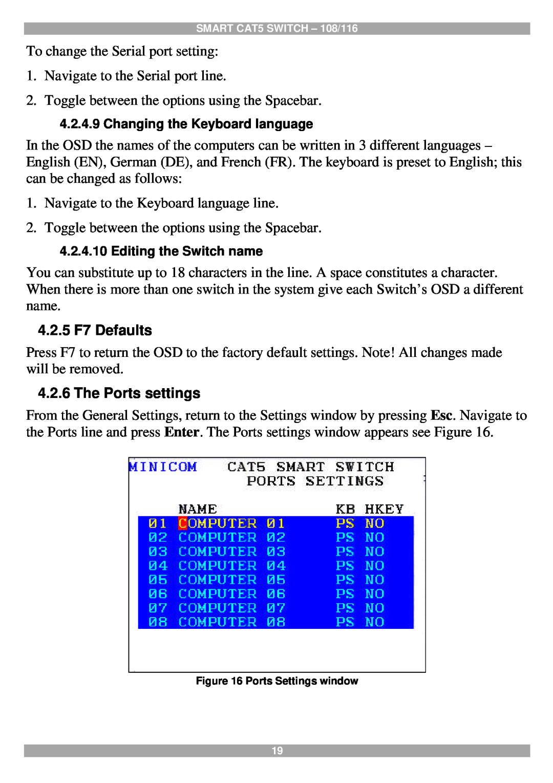 Tripp Lite 108, 116 manual 4.2.5 F7 Defaults, The Ports settings, Changing the Keyboard language, Editing the Switch name 