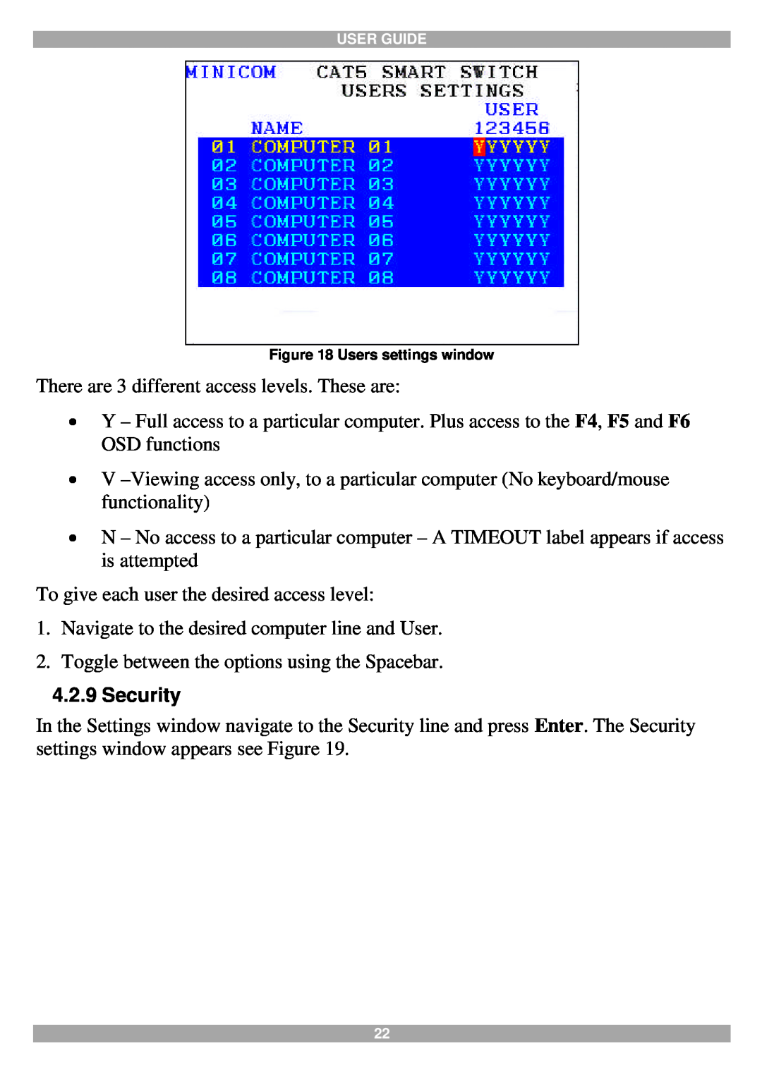 Tripp Lite 116, 108 manual Security, Users settings window 